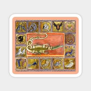 MEDIEVAL BESTIARY,CROCODILE EATING SEA SERPENT, MYTHICAL ANIMALS IN GOLD PINK BLUE COLORS Magnet