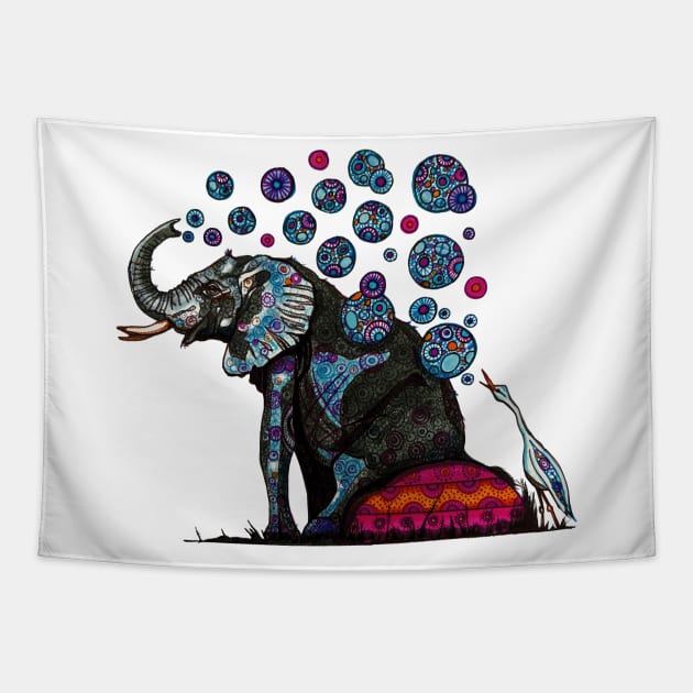 Elephant and Cattle Egret with Shweshwe bubbles Tapestry by Every-wen
