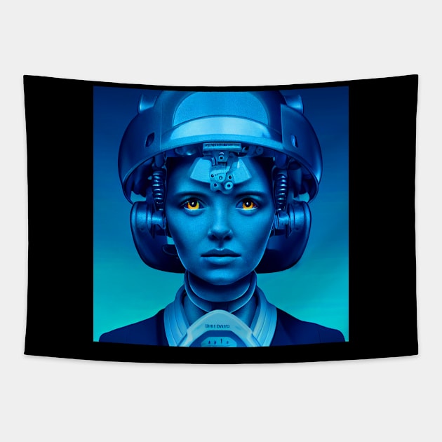 Android girl with a helmet device Tapestry by Pikantz