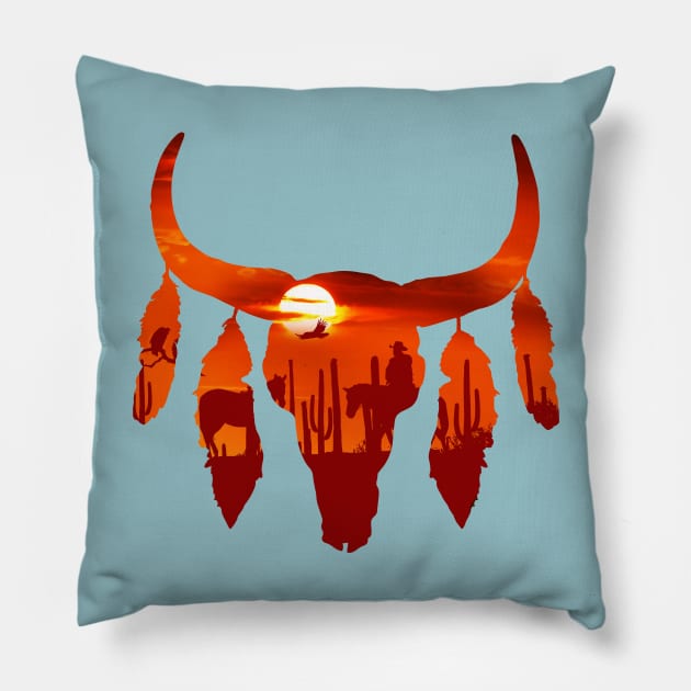 Cow Skull, buffalo skull, desert and cowboys, boho, bull skull Pillow by Collagedream