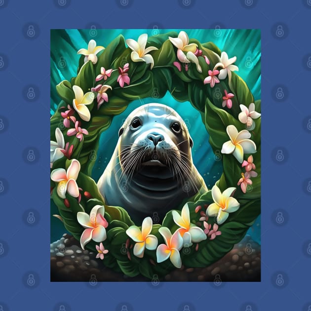 Cartoon Art Of Hawaiian Monk Seal With Plumeria by taiche