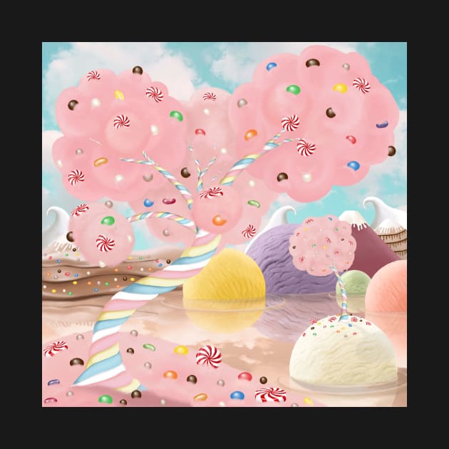 Candy land fantasy background. Sweets world landscape. Marshmallow tree, chocolate milk river, ice cream islands by likapix