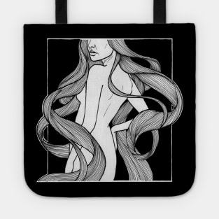 Woman with long wavy hair design Tote