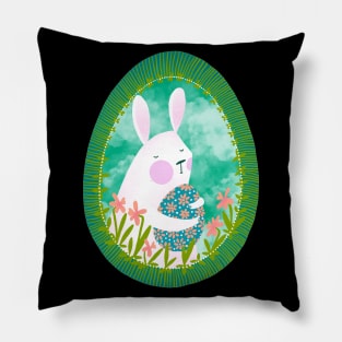 Cute white bunny with floral easter egg decoration on blue sky, version 4 Pillow