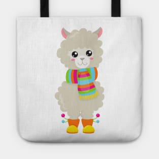 Cute Llama, Little Llama, Alpaca, Llama With Scarf Tote