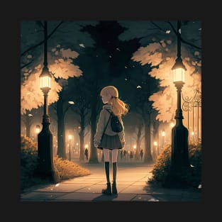 A Nighttime Stroll, Girl's Peaceful Park Walk T-Shirt