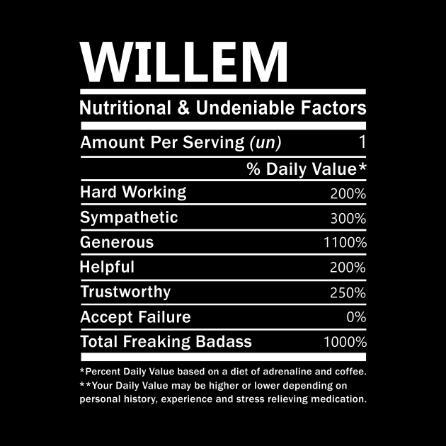 Willem Name T Shirt - Willem Nutritional and Undeniable Name Factors Gift Item Tee by nikitak4um