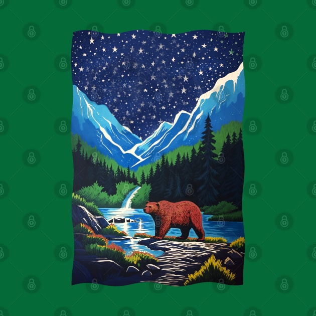 Grizzly Bear Mountains Lake Trees Stars in the Night Sky by Pine Hill Goods