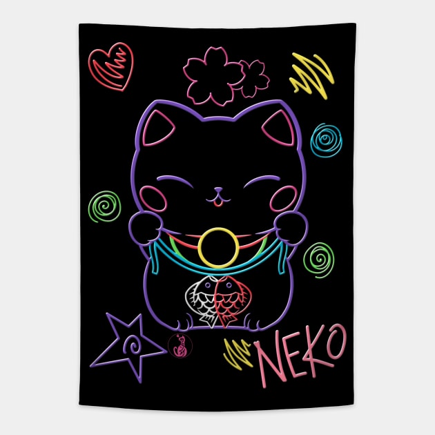 Neon Neko (1) - Cute neon light Japanese beckoning cats to bring you good luck Tapestry by SamInJapan