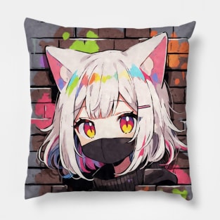 Kawaii Aesthetic Colorful Chibi Nekomimi Anime Cat Girl Graffiti Art Style Pillow