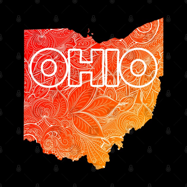 Colorful mandala art map of Ohio with text in red and orange by Happy Citizen