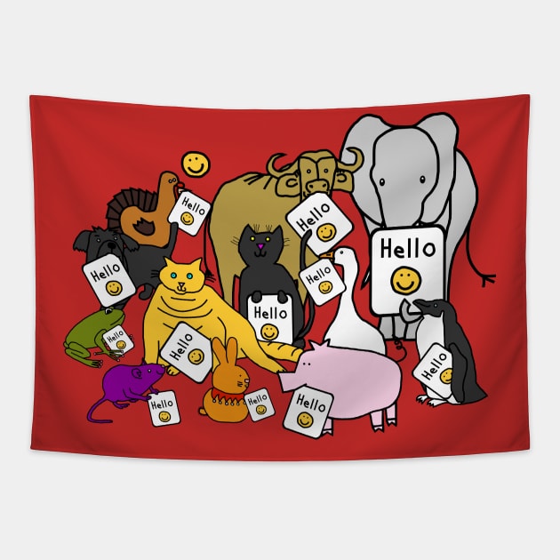 Group of Cute Animals say Hello Tapestry by ellenhenryart