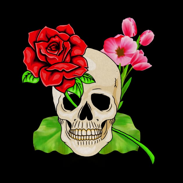 Skull, Rose Floral Tropical, Skulls by dukito