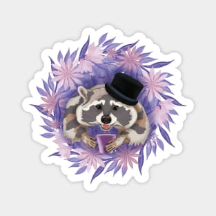 Raccoon with purple flowers with a mug of coffee. Watercolor Magnet