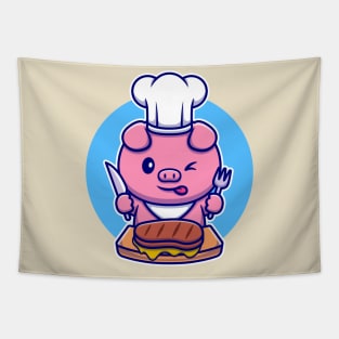 Cute Pig Chef Eating Beef Steak Cartoon Tapestry