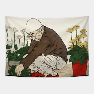 Asian painting. An elderly man plants flowers Tapestry