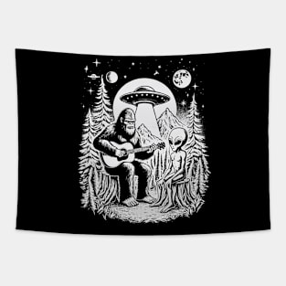 Bigfoot and Alien Play Guitar In The Wild Tapestry