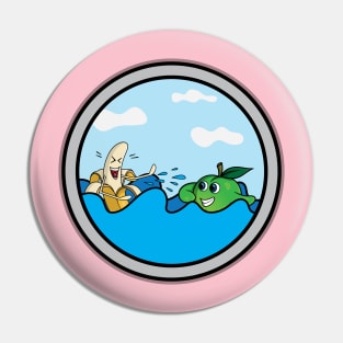 Laughing banana playing with a green plum in the ocean Pin