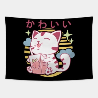 Kawaii Aesthetics Japanese Strawberry Milk Shake かわいい Cat - Purple - Strawberry Milk Tapestry