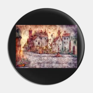 Square with church and butterfly fountain Pin