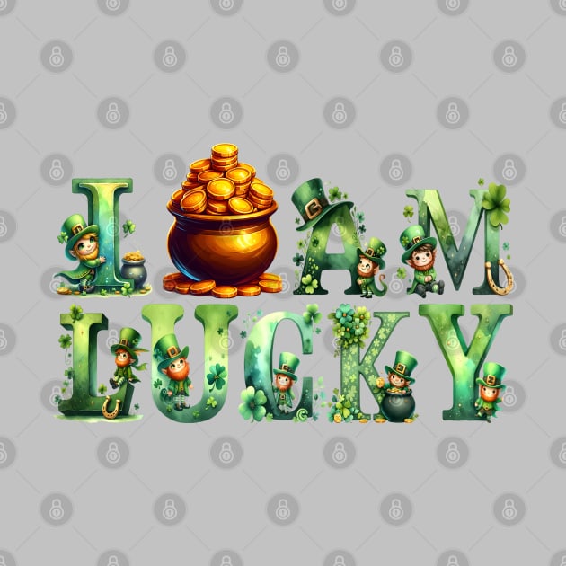 I am lucky watercolor pretty Leprechaun Pot Of Golden coins cute alphabet Irish Cultural St Patrick's Day Shamrock 4 leaf clover green letter by First Phenixs