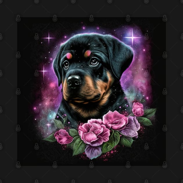 Cute Rottweiler Puppy With Roses by Enchanted Reverie