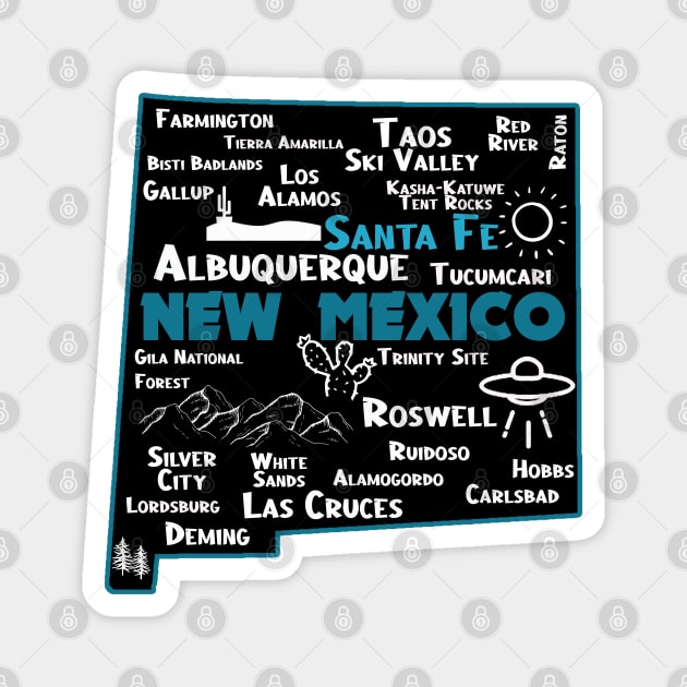 Cute map of Santa Fe New Mexico, Albuquerque Los Alamos, Taos,Roswell Las Cruces Deming Carlsbad Hobbs Silver City Magnet by BoogieCreates