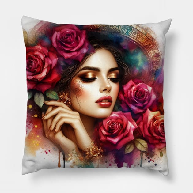 Romantic Woman With Roses Pillow by ERArts