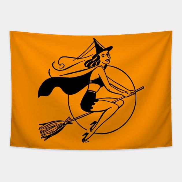 Halloween Vintage Retro Witch Pinup Girl on Broom Tapestry by PUFFYP