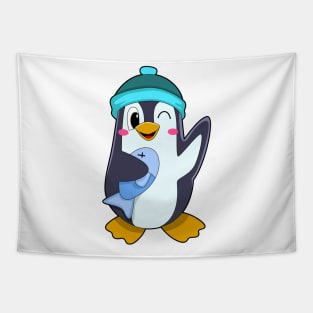 Penguin with Fish & Hat Tapestry