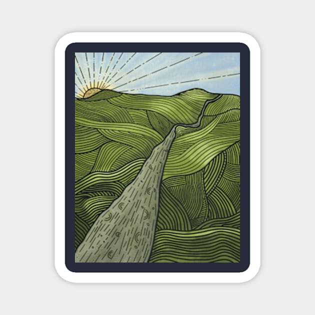 Green Hills and Sun Line Art Design Magnet by WalkSimplyArt