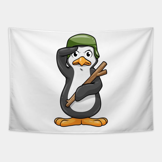 Penguin as soldier with helmet and military salute Tapestry by Markus Schnabel