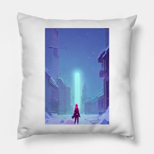 Anime Girl Cyberpunk Laser Snowy Christmas Landscape Pillow