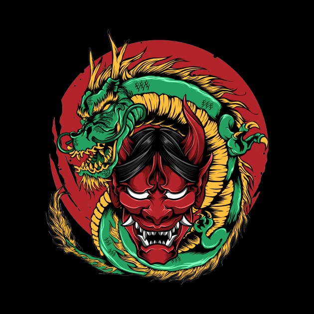 Japanese Dragon Oni Mask Yokai Chinese Zodiac by Alex21