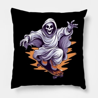 ghost riding a skateboard skaters skateboarding halloween Pillow