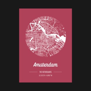 City map in red: Amsterdam, The Netherlands, with retro vintage flair T-Shirt