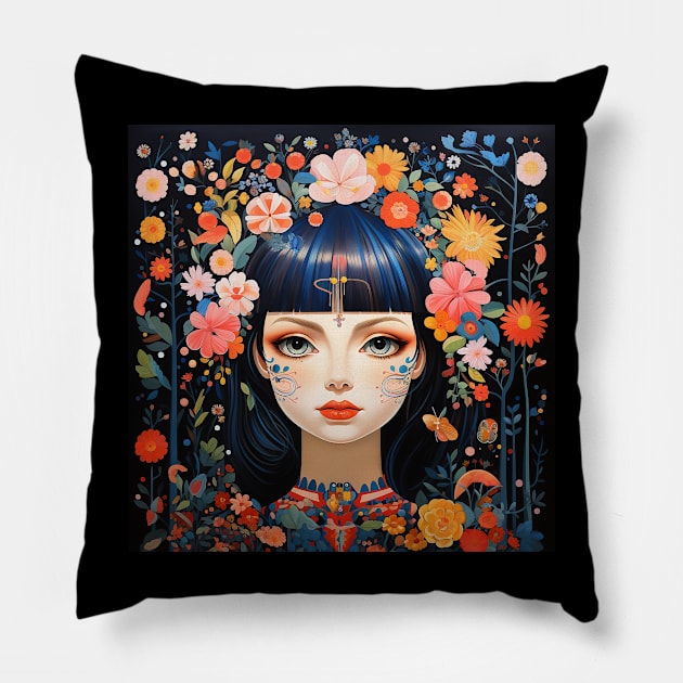 Surrealistic Folk Art Dark Floral Motif Young Fairy Maiden Girl Pillow by The Little Store Of Magic