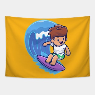 Cute Boy Surfing On Wave Tapestry