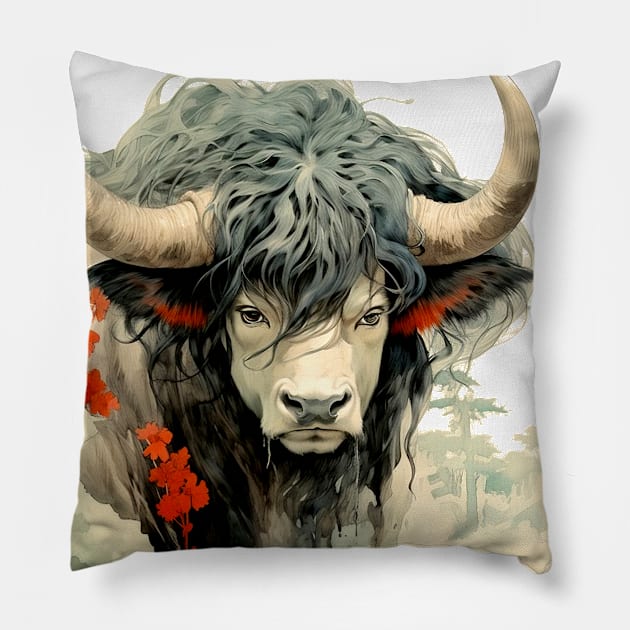 Chinese Mythology: The White Bull of Kunlun (Knock-Out with light background) Pillow by Puff Sumo