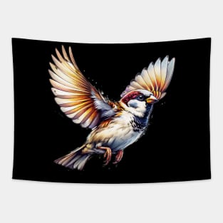 Watercolor Flying House Sparrow Tapestry