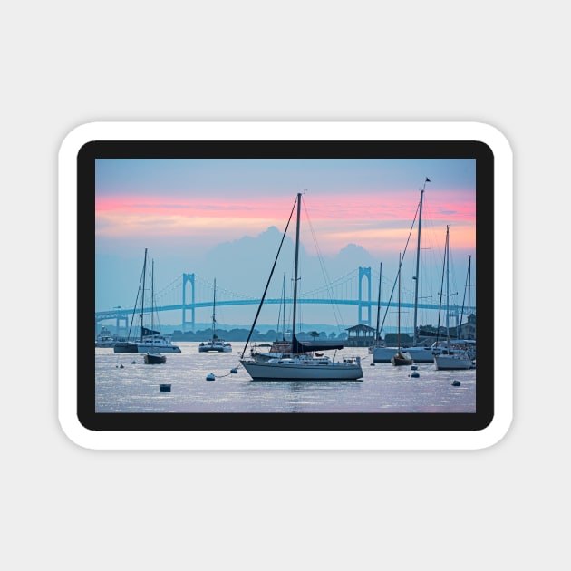 Pell Bridge Newport Harbor Newport RI Rhode Island Purple Sunset Magnet by WayneOxfordPh