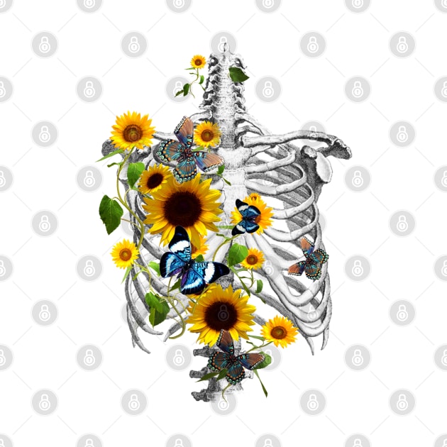 Botanical human skeleton art, Rib cage and flowers, sunflowers and butterflies ribcage by Collagedream