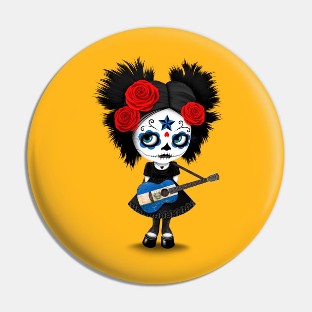 Sugar Skull Girl Playing Salvadorian Flag Guitar Pin by jeffbartels