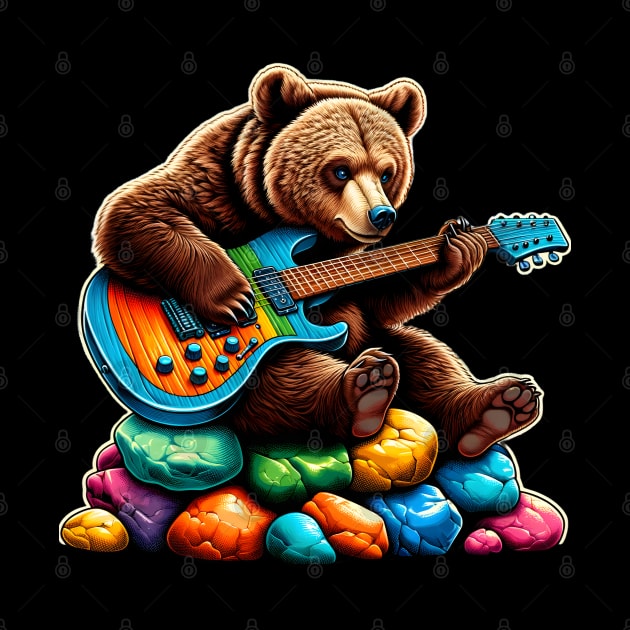 Cute Brown Bear Playing An Electric Guitar by Merchweaver