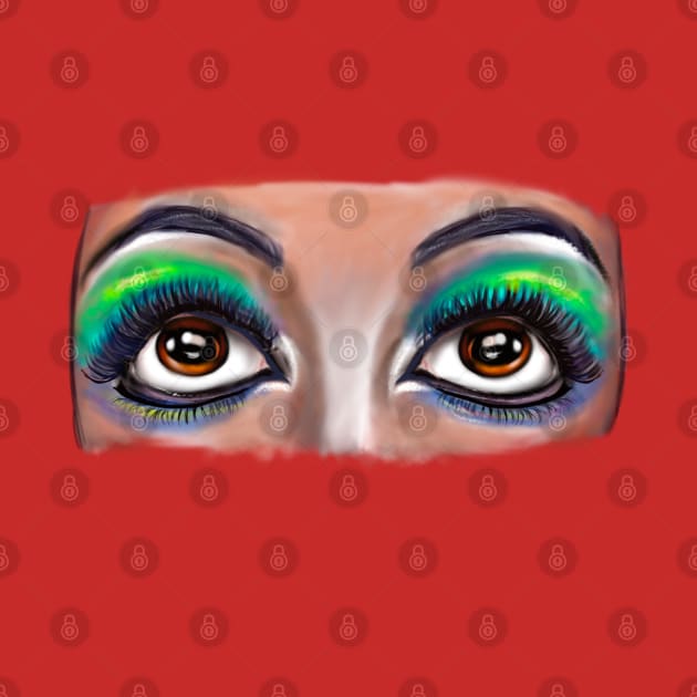 Lashes eyelashes, brown eyes looking upwards with green eye shadow on pink background. The eyes have it, beauty is in the eye of the beholder by Artonmytee