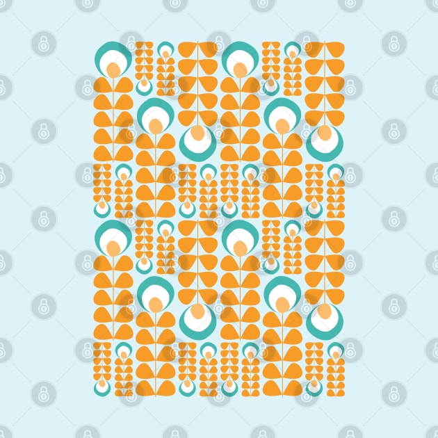 Orange, Aqua, Teal Mid Mod Flowers Pattern by tramasdesign