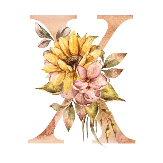 Watercolor sunflower bouquet monogram letter X by tiana geo