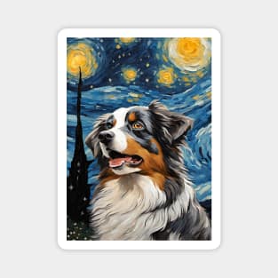 Adorable Australian Shepherd Dog Breed Painting in a Van Gogh Starry Night Art Style Magnet