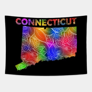 Colorful mandala art map of Connecticut with text in multicolor pattern Tapestry