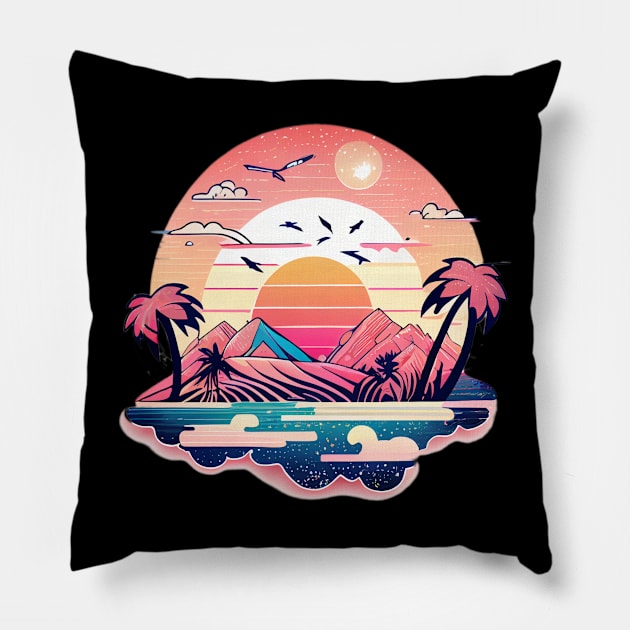 Retro Tropical Summer Sunset Pillow by TechnoBubble